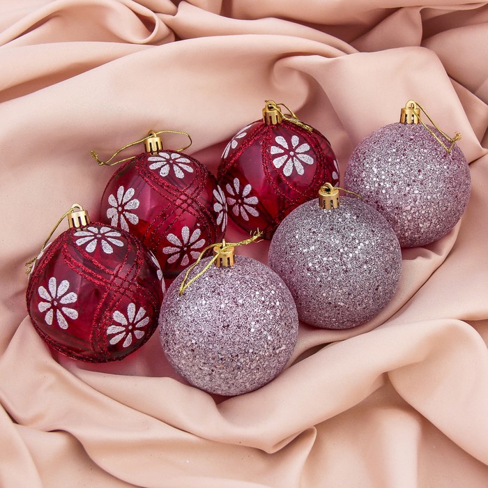 Набор шаров пластик d-8 см 6 шт "Ромашки" бордо