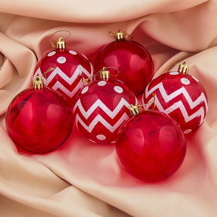 Набор шаров пластик d-8 см 6 шт "Зиг заг" красный