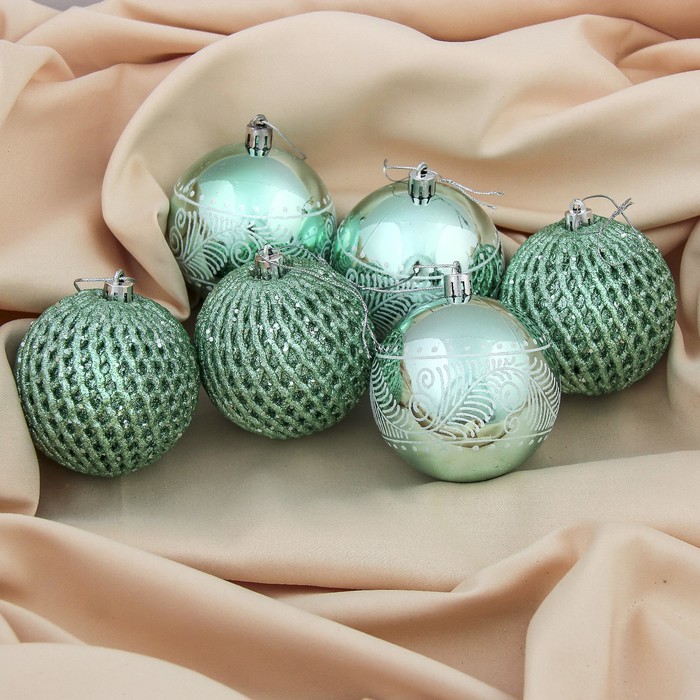 Набор шаров пластик d-8 см 6 шт "Волшебное перо" зеленый