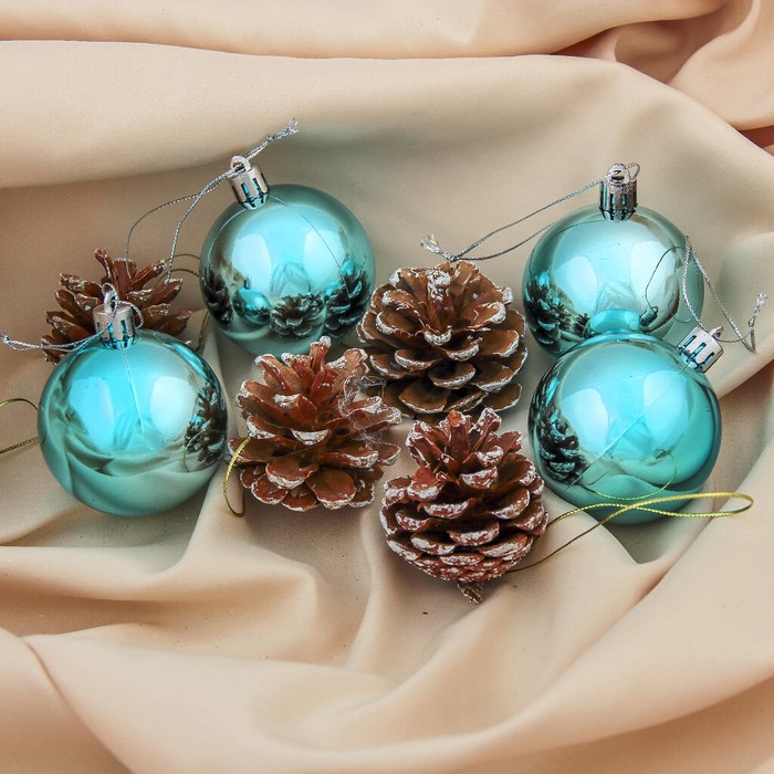 Набор украшений пластик 6 см 8 шт "Шишка" голубой
