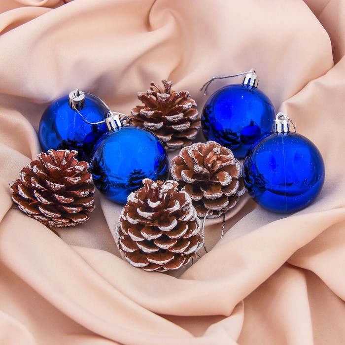 Набор украшений пластик 6 см 8 шт "Шишка" синий