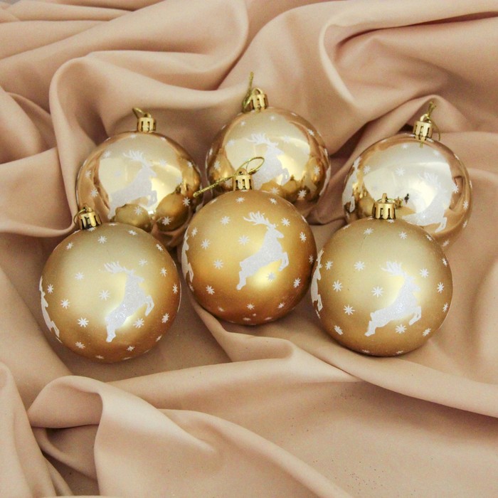 Набор шаров пластик d-8 см 6 шт "Волшебный олень" золото