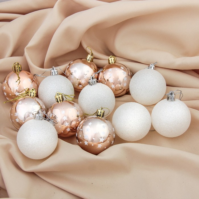 Набор шаров пластик d-6 см 12 шт "Дианта" бело золотой