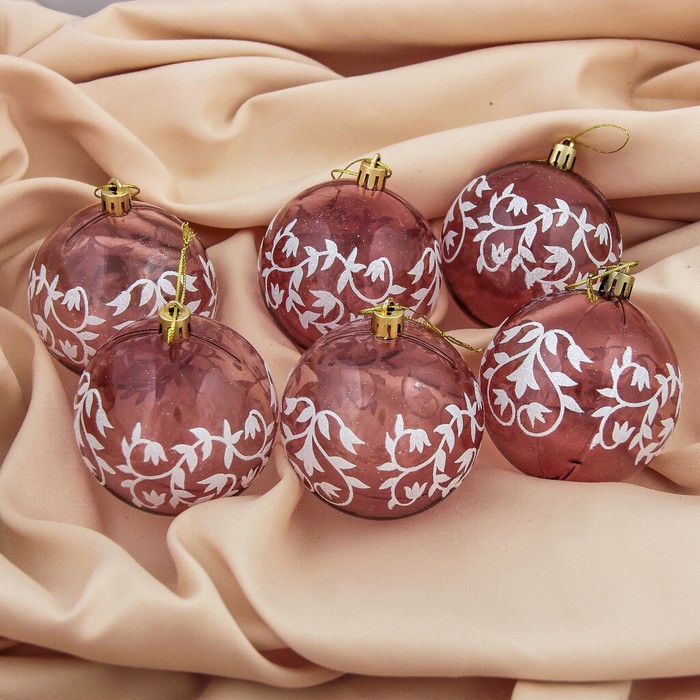 Набор шаров пластик d-8 см 6 шт "Узорная ветвь" фиолетовый