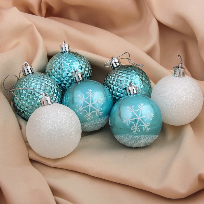 Набор шаров пластик d-6 см 7 шт "Снег" снежинка бело голубой