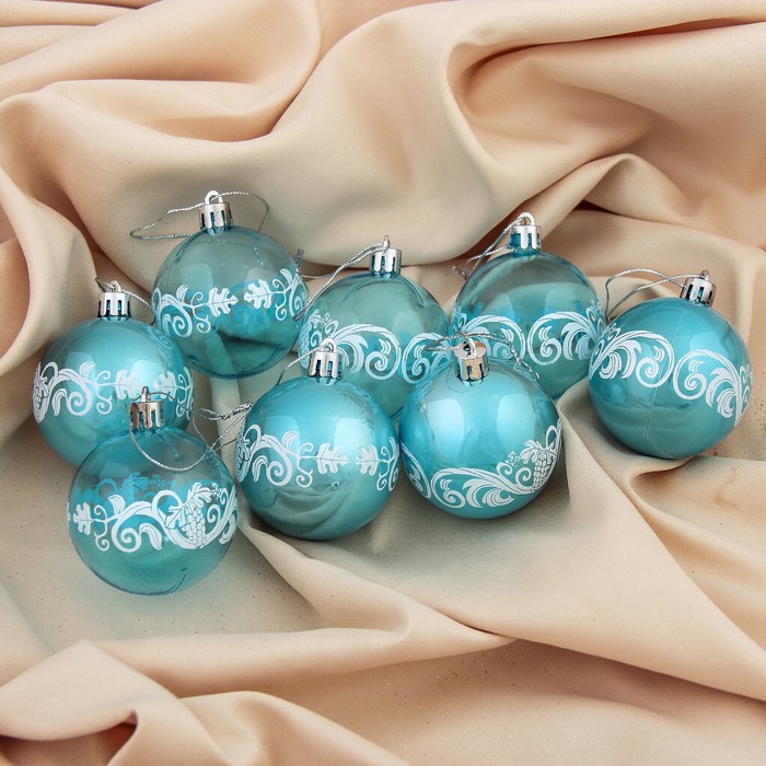 Набор шаров пластик d-6 см 8 шт "Зимний узор" голубой