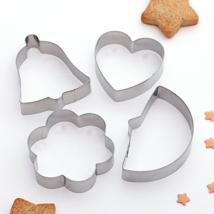 Набор форм для вырезания печенья "Месяц. Сердце. Цветок. Колокольчик", 4 шт