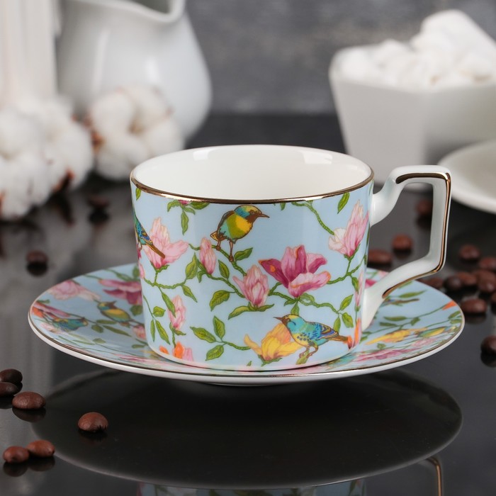 Кофейная пара 200 мл "Сакура", блюдце 12 см, цвет голубой