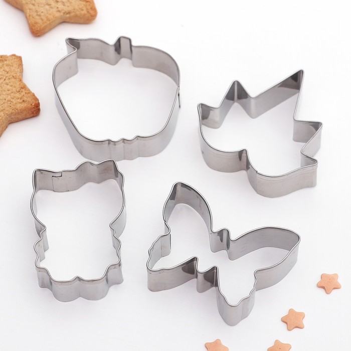 Набор форм для вырезания печенья "Бабочка, листок, яблоко, Китти", 4 шт