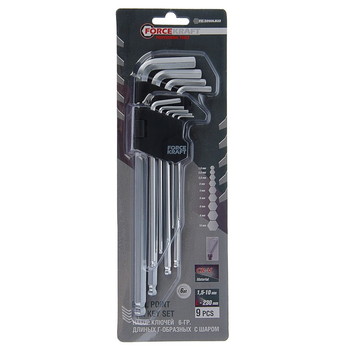 Набор ключей ForceKraft, Г-образных, 6-гранных, экстра длинных, с шаром, CR-V, 9пр. 1.5-10мм 38391
