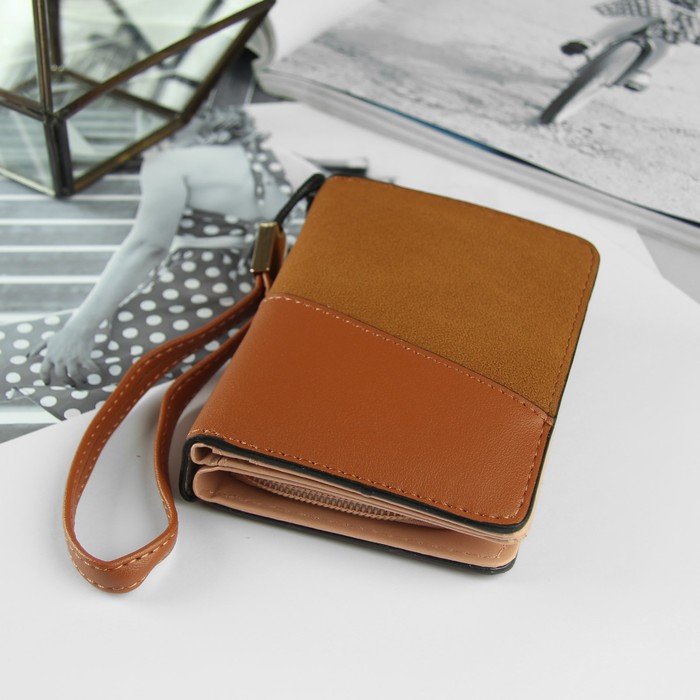 Кошелёк женский, 3 отдела, для карт, для монет, с ручкой, цвет кофе