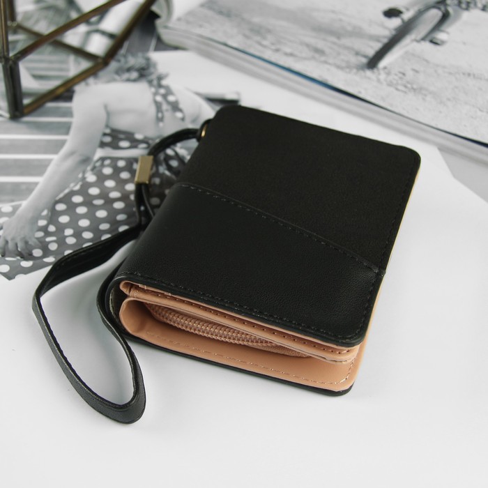 Кошелёк женский, 3 отдела, для карт, для монет, с ручкой, цвет чёрный