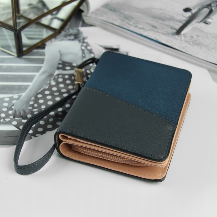 Кошелёк женский, 3 отдела, для карт, для монет, с ручкой, цвет синий