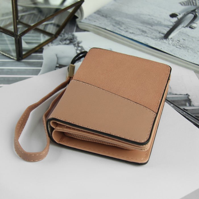 Кошелёк женский, 3 отдела, для карт, для монет, с ручкой. цвет бежевый