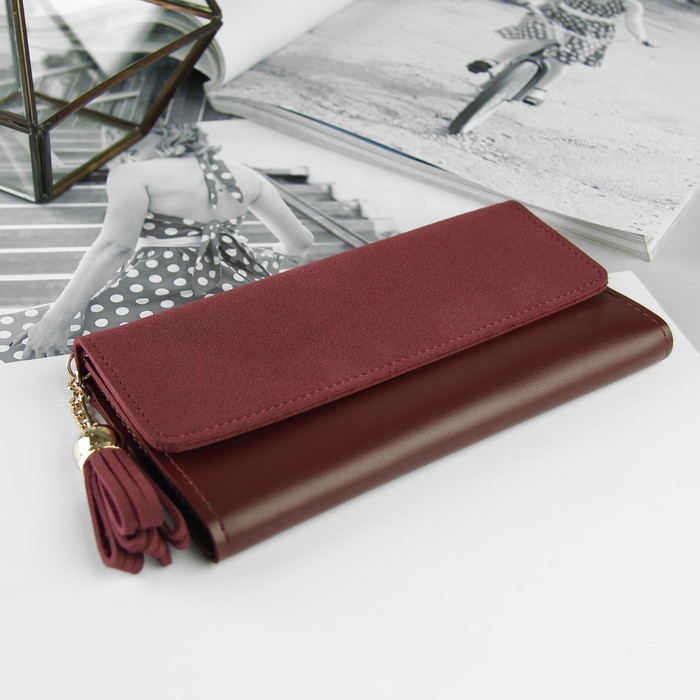 Кошелёк женский, 3 отдела, для карт, с кисточкой, цвет бордовый