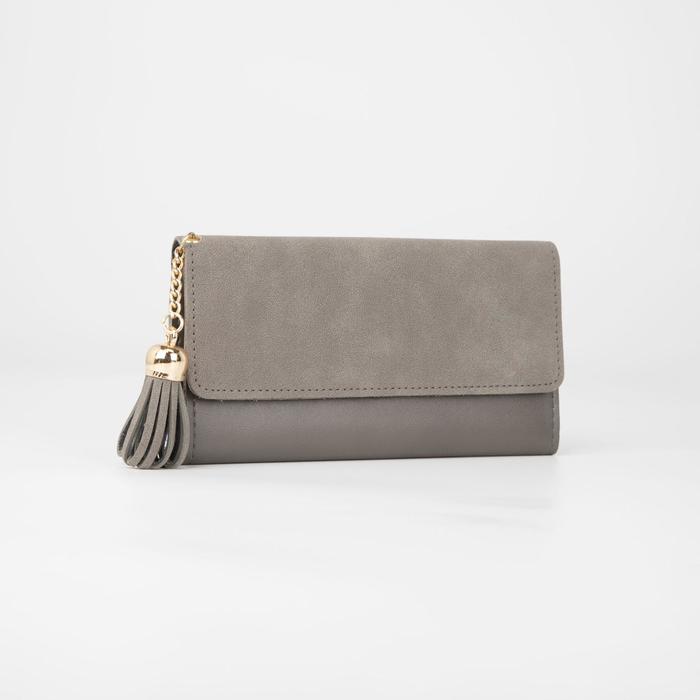 Кошелёк женский, 3 отдела, для карт, с кисточкой, цвет серый
