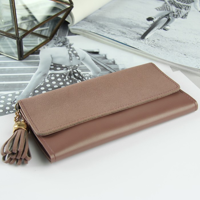 Кошелёк женский, 3 отдела, для карт, с кисточкой, цвет пудровый