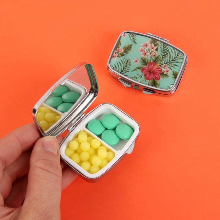 Таблетница "Тропические цветы", с зеркалом, 2 секции, цвет серебристый/зелёный