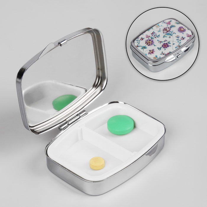 Таблетница "Цветочный узор", с зеркалом, 2 секции, цвет серебристый/белый