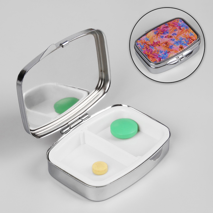 Таблетница "Полевой букет", с зеркалом, 2 секции, цвет серебристый/сиреневый