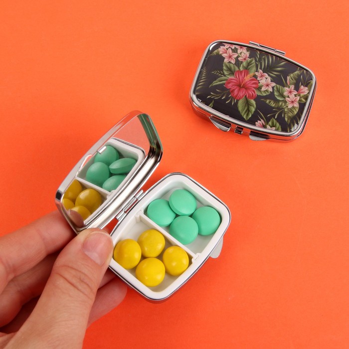 Таблетница "Букет", с зеркалом, 2 секции, цвет серебристый/чёрный