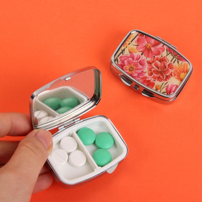 Таблетница "Солнечный букет", с зеркалом, 2 секции, цвет серебристый/оранжевый