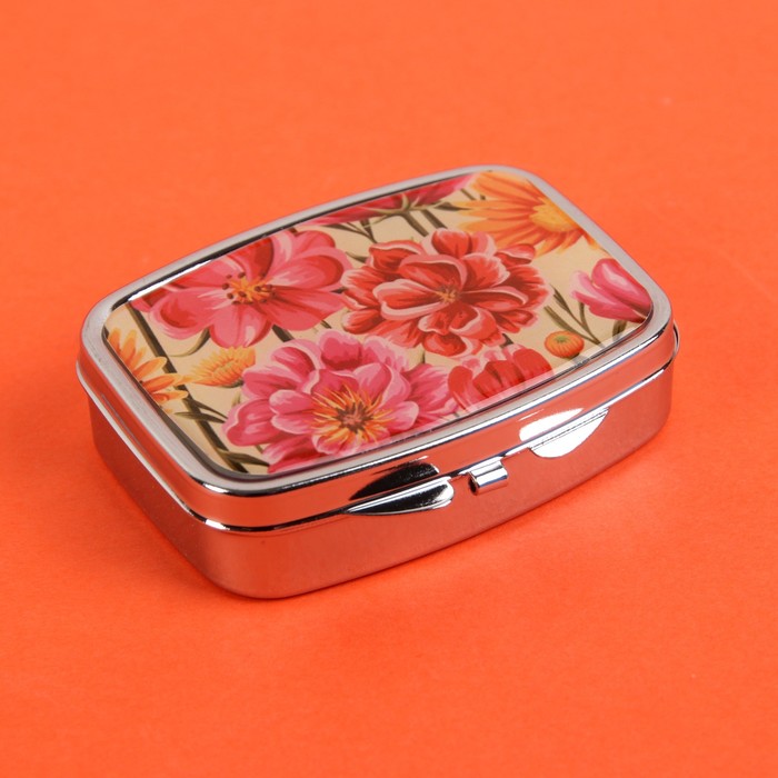 Таблетница "Солнечный букет", с зеркалом, 2 секции, цвет серебристый/оранжевый