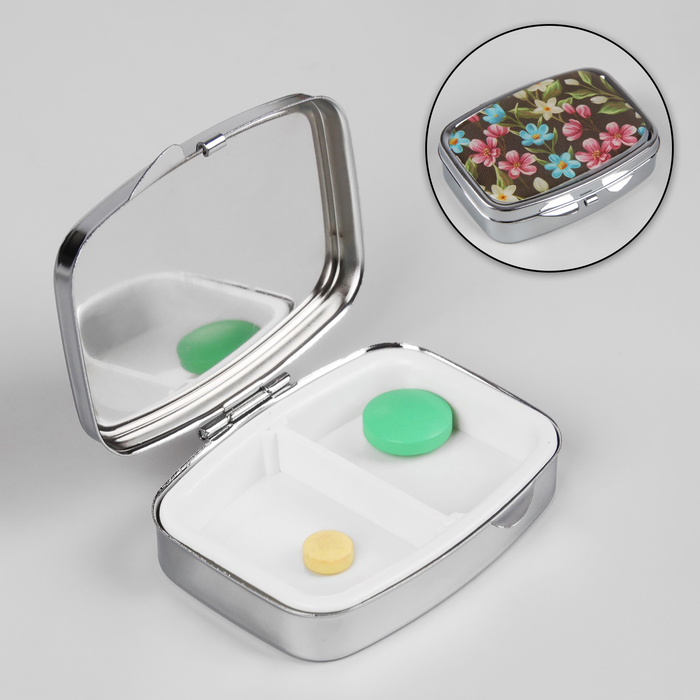 Таблетница "Цветы", с зеркалом, 2 секции, цвет серебристый/чёрный