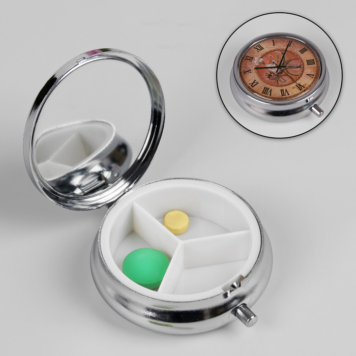 Таблетница "Часы", с зеркалом, 3 секции, цвет серебристый/бежевый