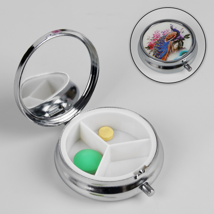 Таблетница "Павлин", с зеркалом, 3 секции, цвет серебристый