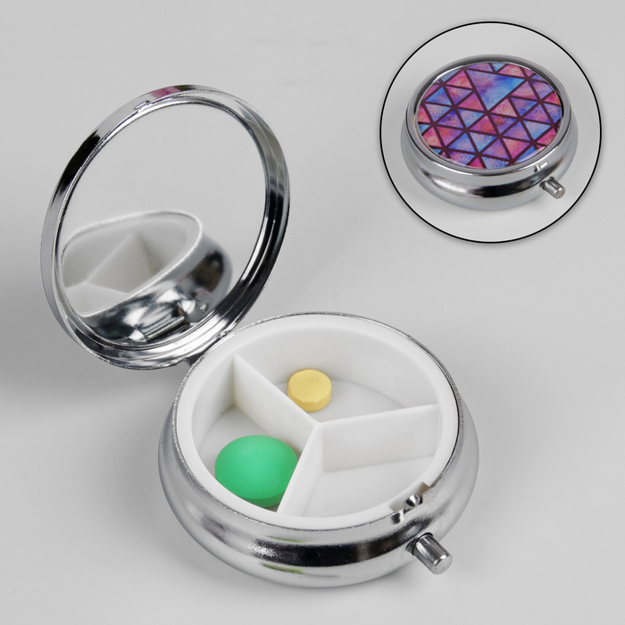 Таблетница "Треугольники", с зеркалом, 3 секции, цвет серебристый/фиолетовый