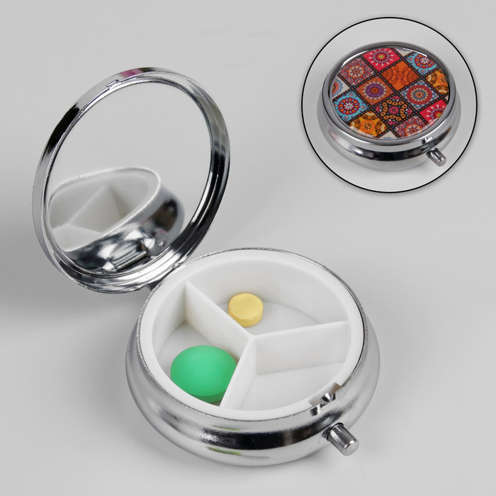 Таблетница "Этника", с зеркалом, 3 секции, цвет серебристый