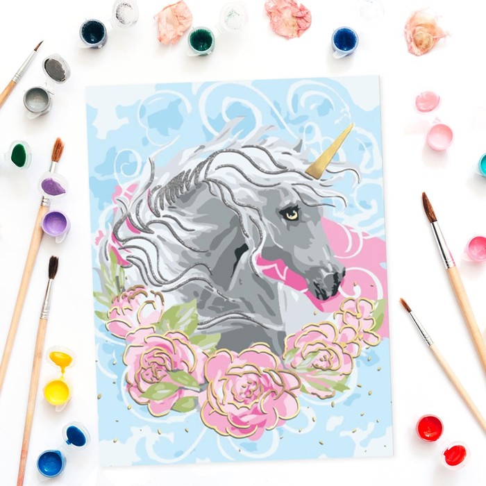 Роспись по номерам "Единорог" с фольгой, краски 14 шт, кисти, крепления