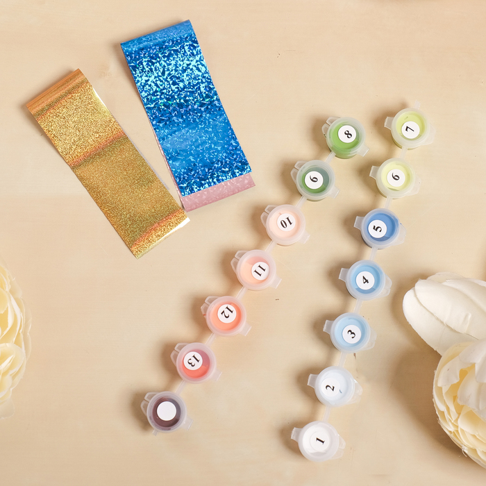 Роспись по номерам "Кот и цветы" с фольгой, краски 14 шт, кисти, крепления