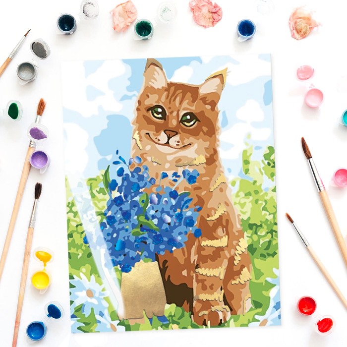 Роспись по номерам "Кот и цветы" с фольгой, краски 14 шт, кисти, крепления