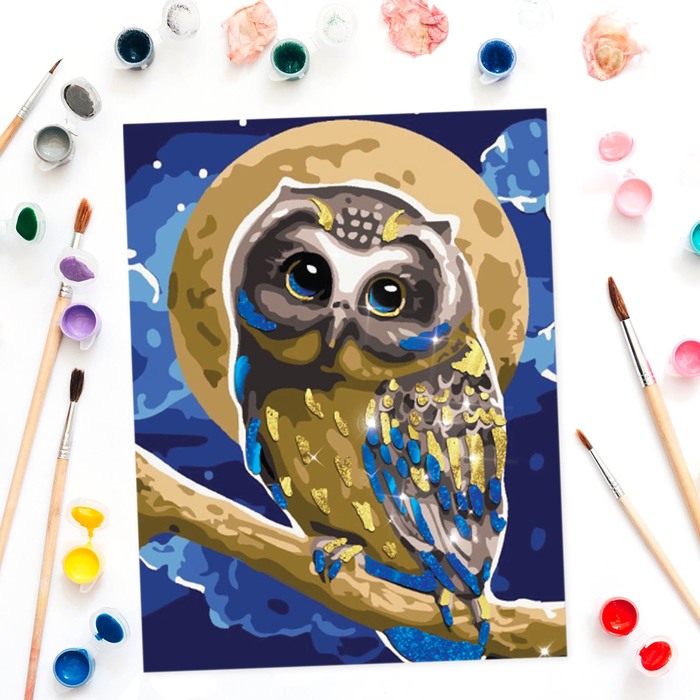 Роспись по номерам "Сова" с фольгой, краски 14 шт, кисти, крепления
