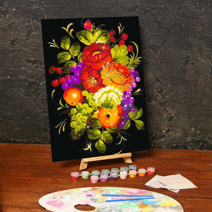 Роспись по номерам "Жостово" с фольгой, краски 14 шт, кисти, крепления