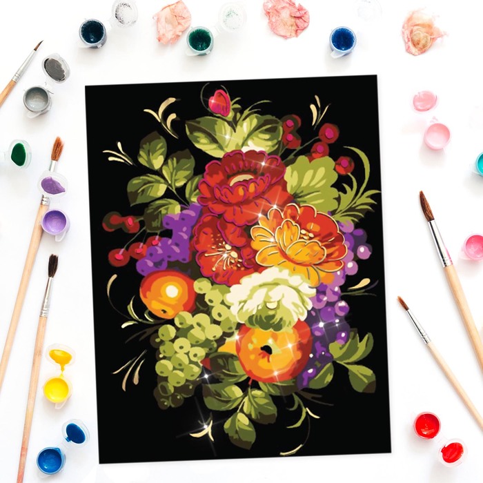 Роспись по номерам "Жостово" с фольгой, краски 14 шт, кисти, крепления