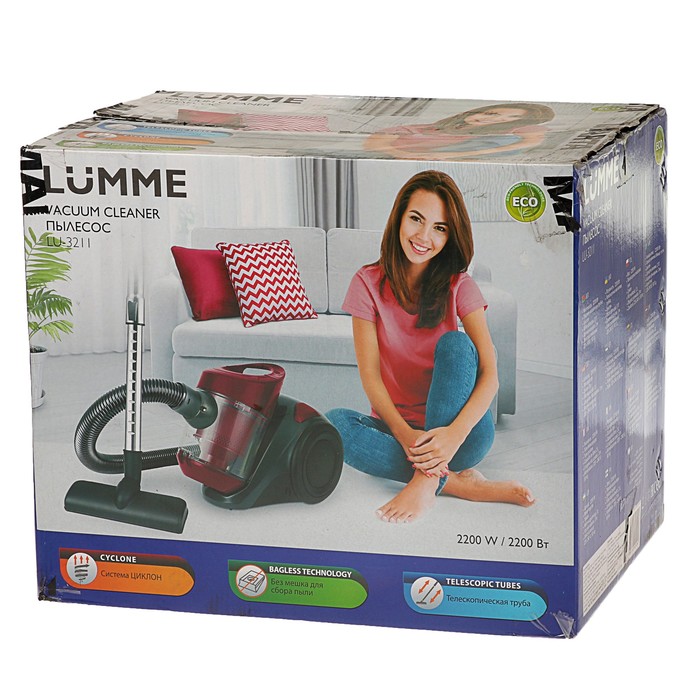Пылесос LUMME LU-3211, 2200 Вт, 2 л, циклон, бордовый гранат