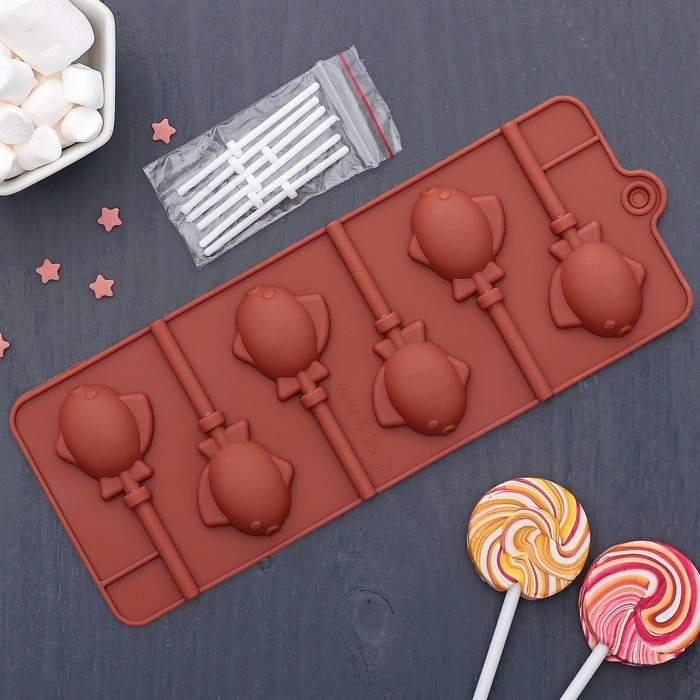 Форма для леденцов и мороженого "Рыбки", 6 ячеек, с палочками