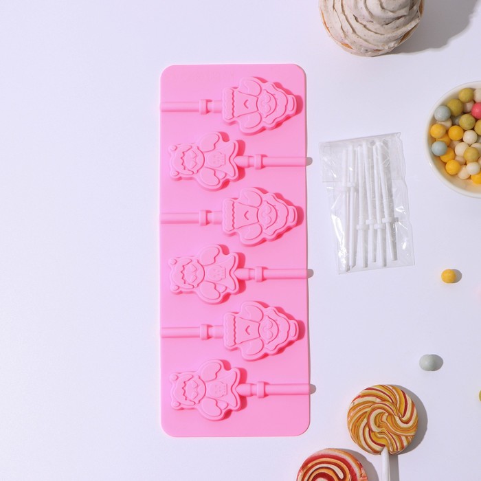 Форма для леденцов и мороженого "Девочка и мишка", 6 ячеек, с палочками