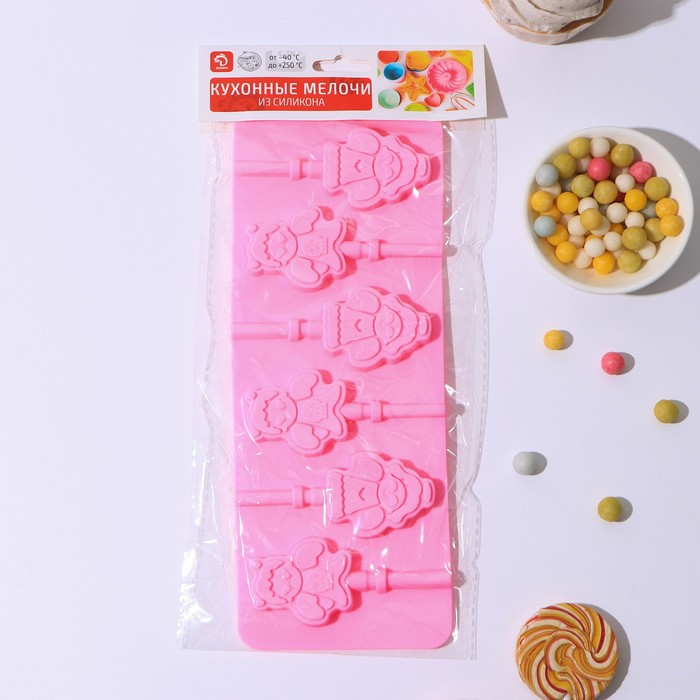 Форма для леденцов и мороженого "Девочка и мишка", 6 ячеек, с палочками