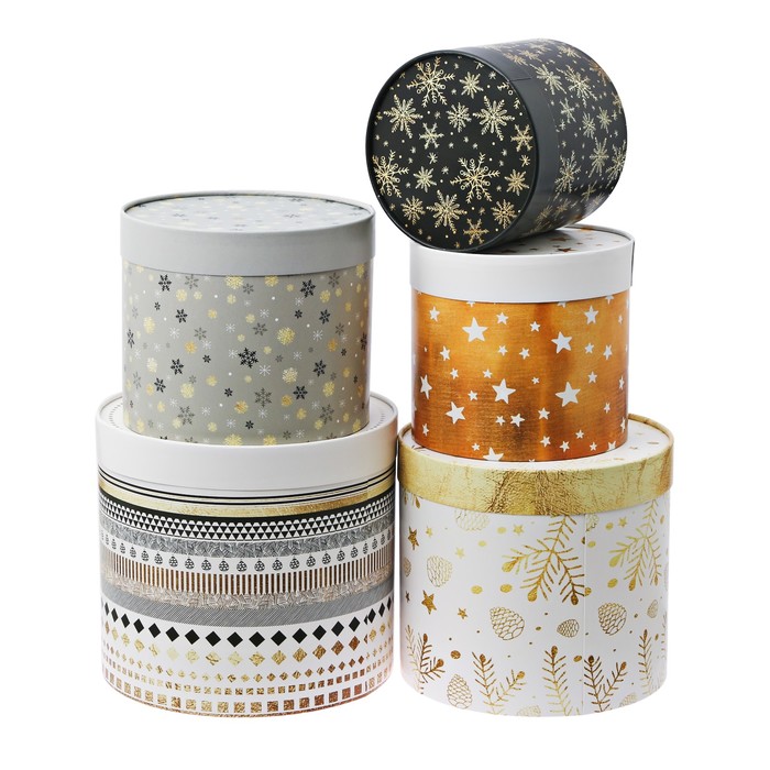Набор круглых подарочных коробок 5 в 1 «Волшебная зима» 13х14; 14х16; 15х18; 17,5х20; 19,5х22