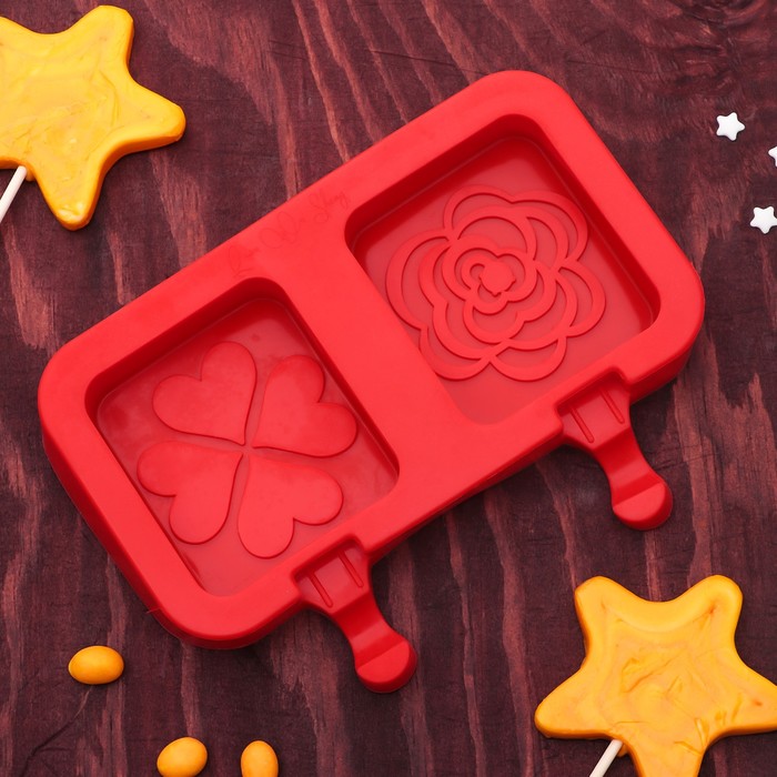 Форма для леденцов и мороженого "Сердце и Роза", 2 ячейки