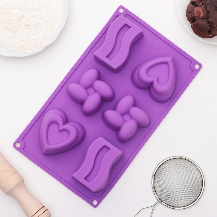 Форма для выпечки "Сердце и конфеты", 6 ячеек, цвет МИКС