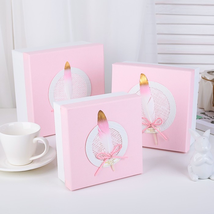 Набор коробок 3в1 "Перо", розовый, 19 х 19 х 9,5 - 15 х 15 х 6,5 см