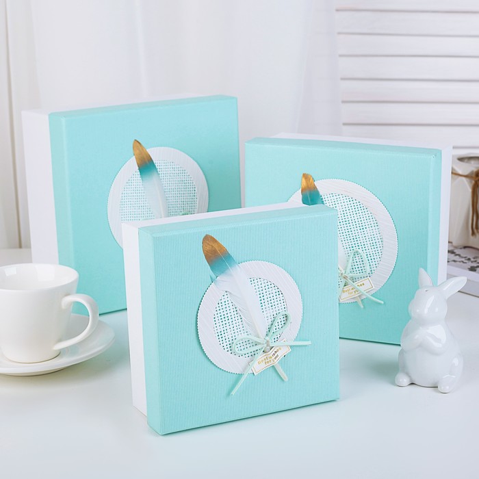 Набор коробок 3в1 "Перо", голубой, 19 х 19 х 9,5 - 15 х 15 х 6,5 см