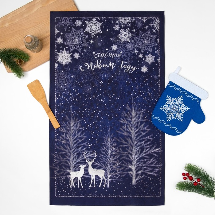 Набор "Доляна" Счастья в Новом Году,полотенце44х72см,лопатка20х5см,фетровая варежка14х22см