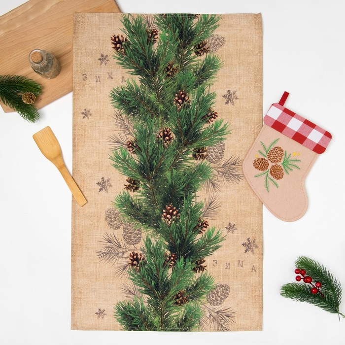 Набор "Доляна" Еловые ветви, полотенце 44х72 см, лопатка 20х5 см, фетровый носок 16х23 см