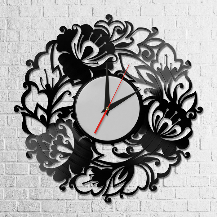 Часы из виниловой пластинки "Цветочный орнамент"